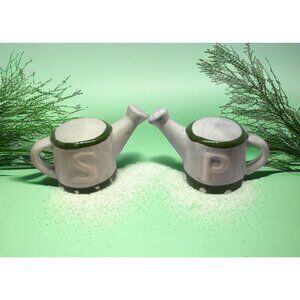 Mini Watering Can Ceramic Salt & Pepper Shaker Set Green & White Hand-Painted